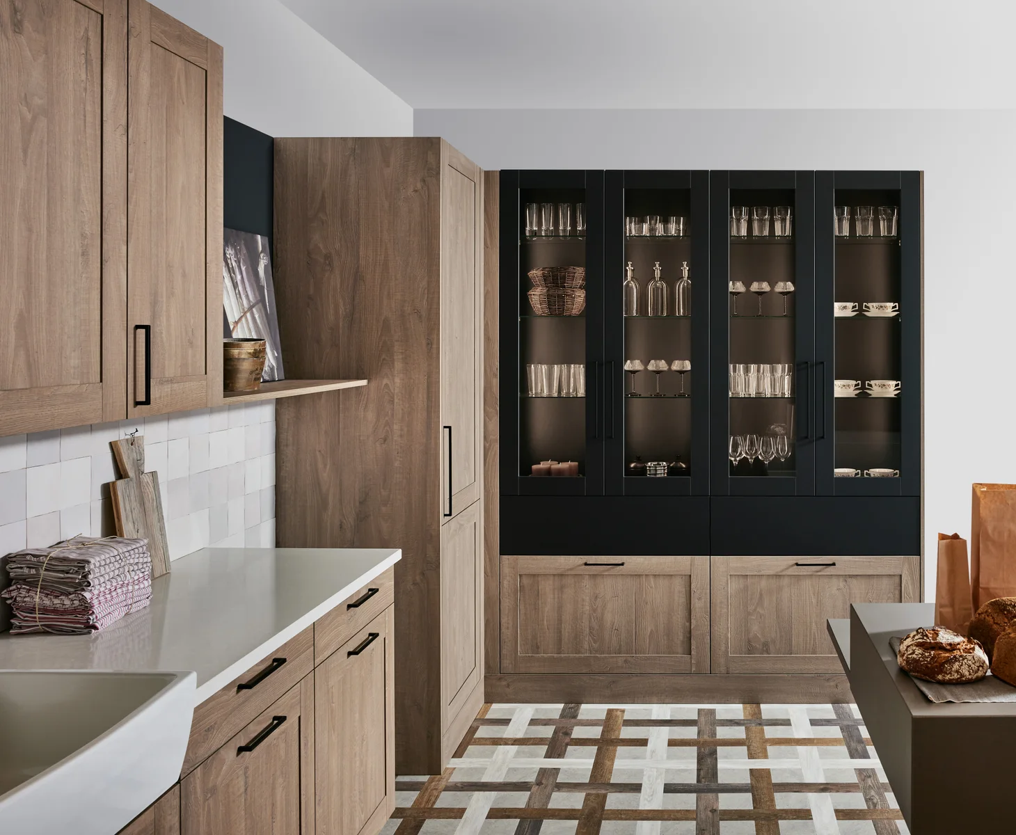 Natural wood & dark glass collection finish