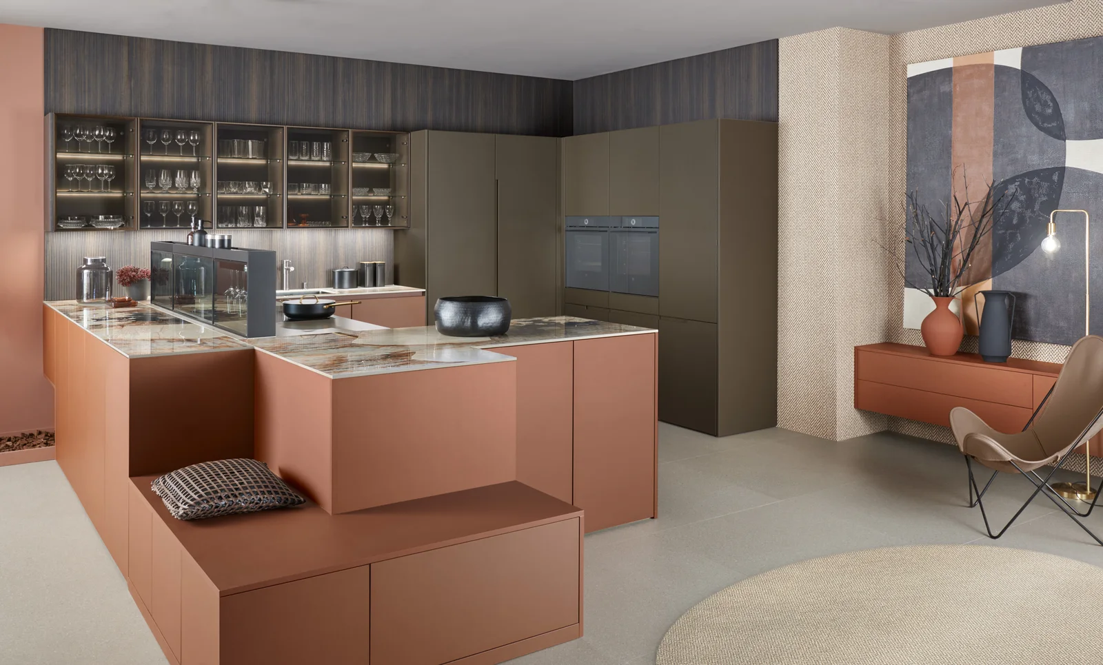 Warm tones & open shelving collection finish